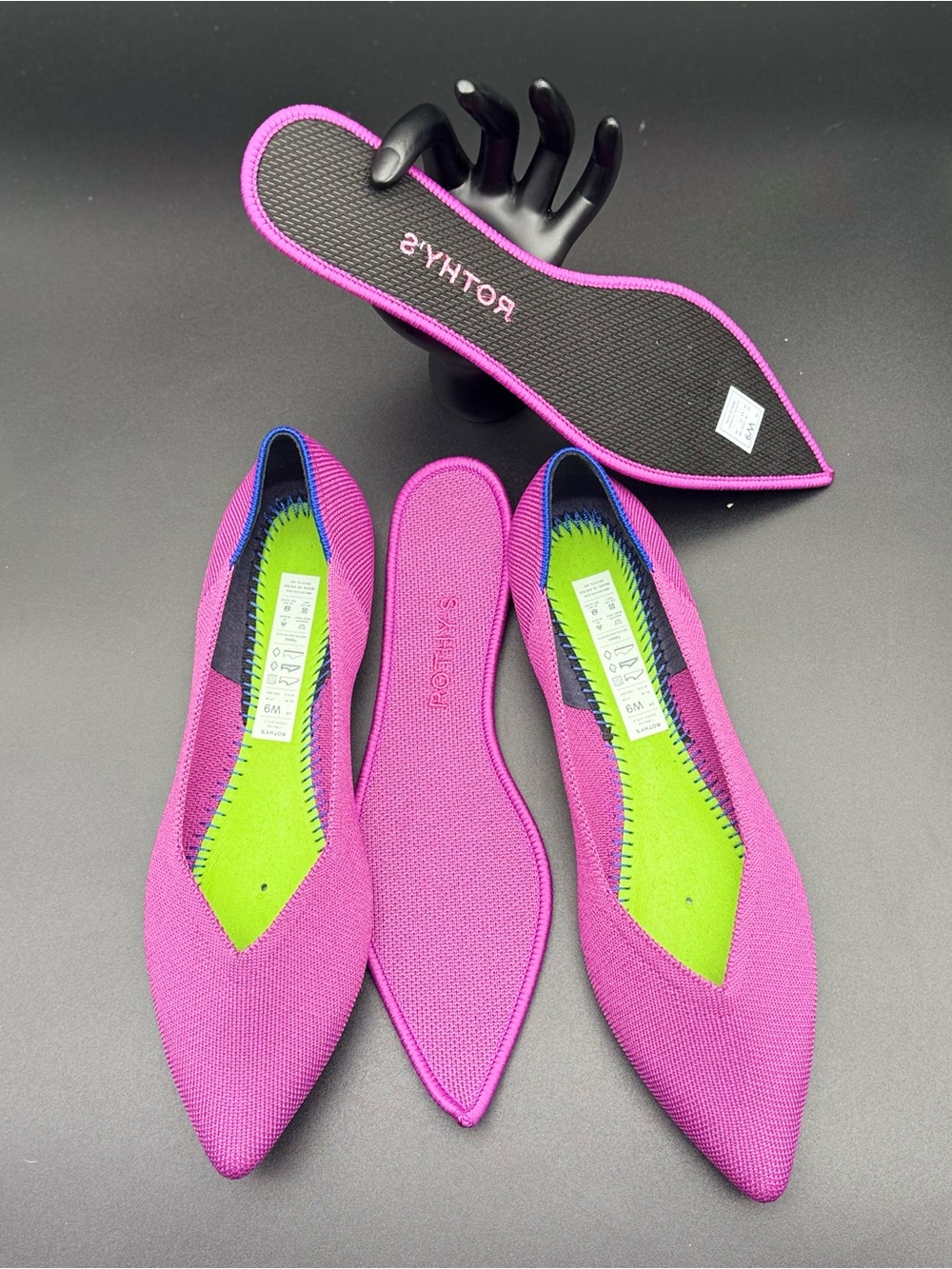Rothy's The Point Hot Pink Knit Pointy Toe Flat Ballet Slip-On Shoes Sz 9